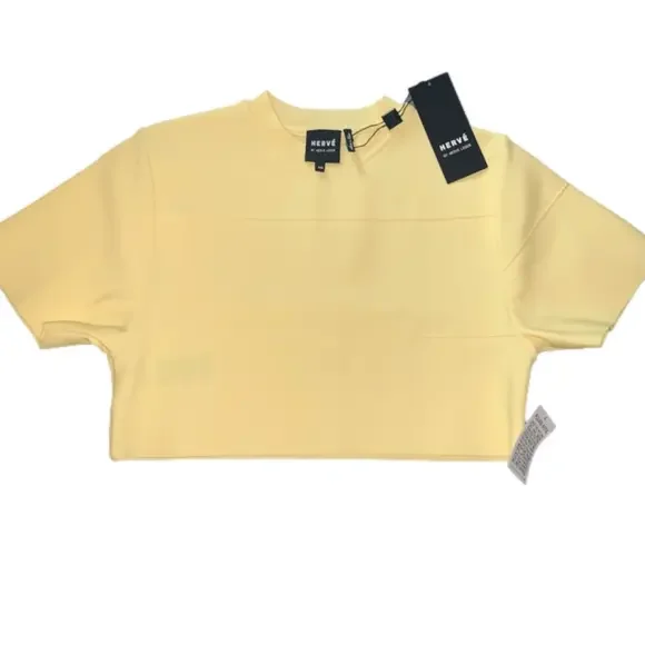 NWT HERVE LEGER Haute Couture YELLOW CROP BANDAGE SHORT SLEEVE TEE TOP SHIRT - Picture 2 of 8